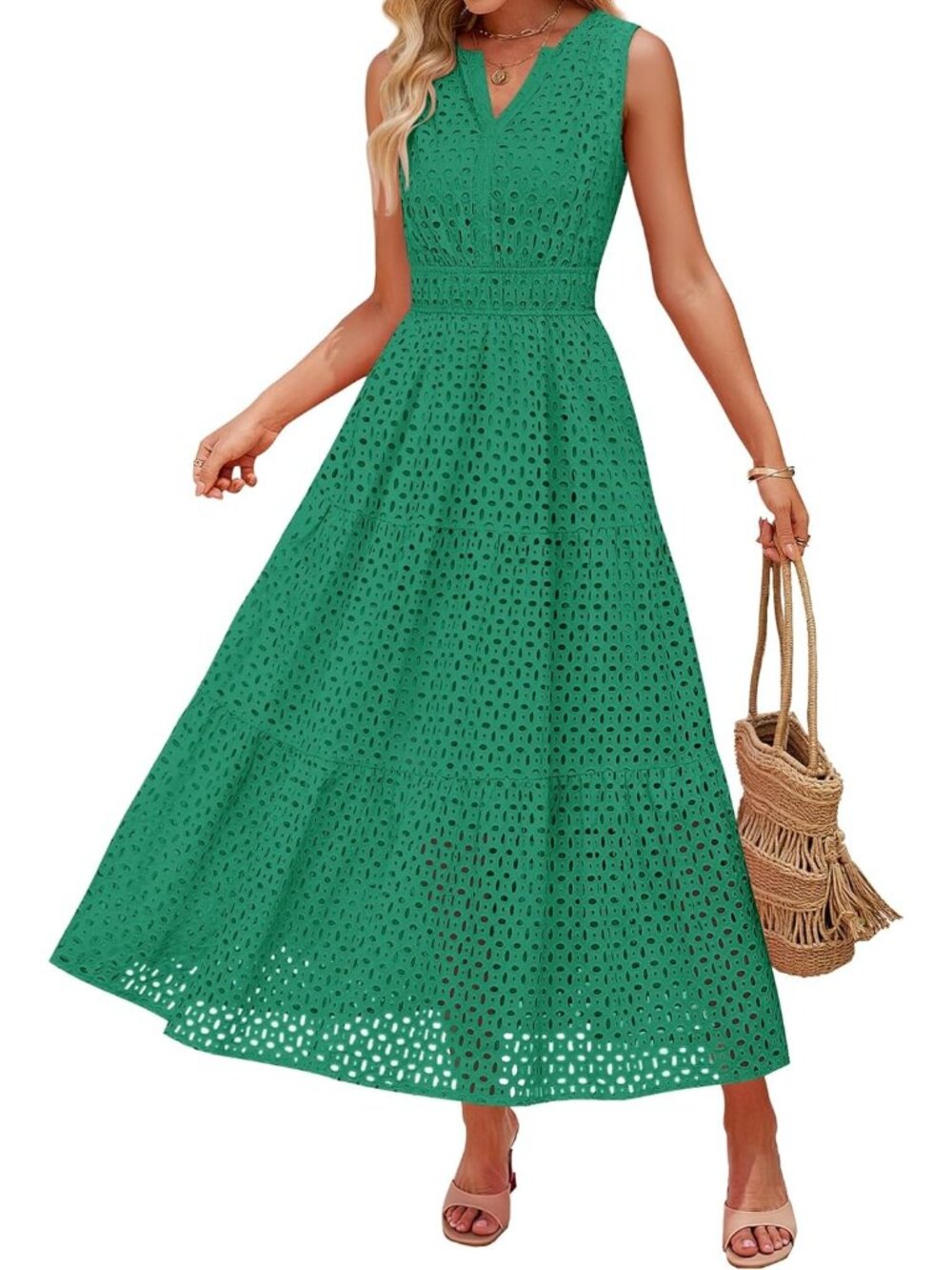 Women's Green Sleeveless Casual V Neck Pull On Imported Long Maxi Dress